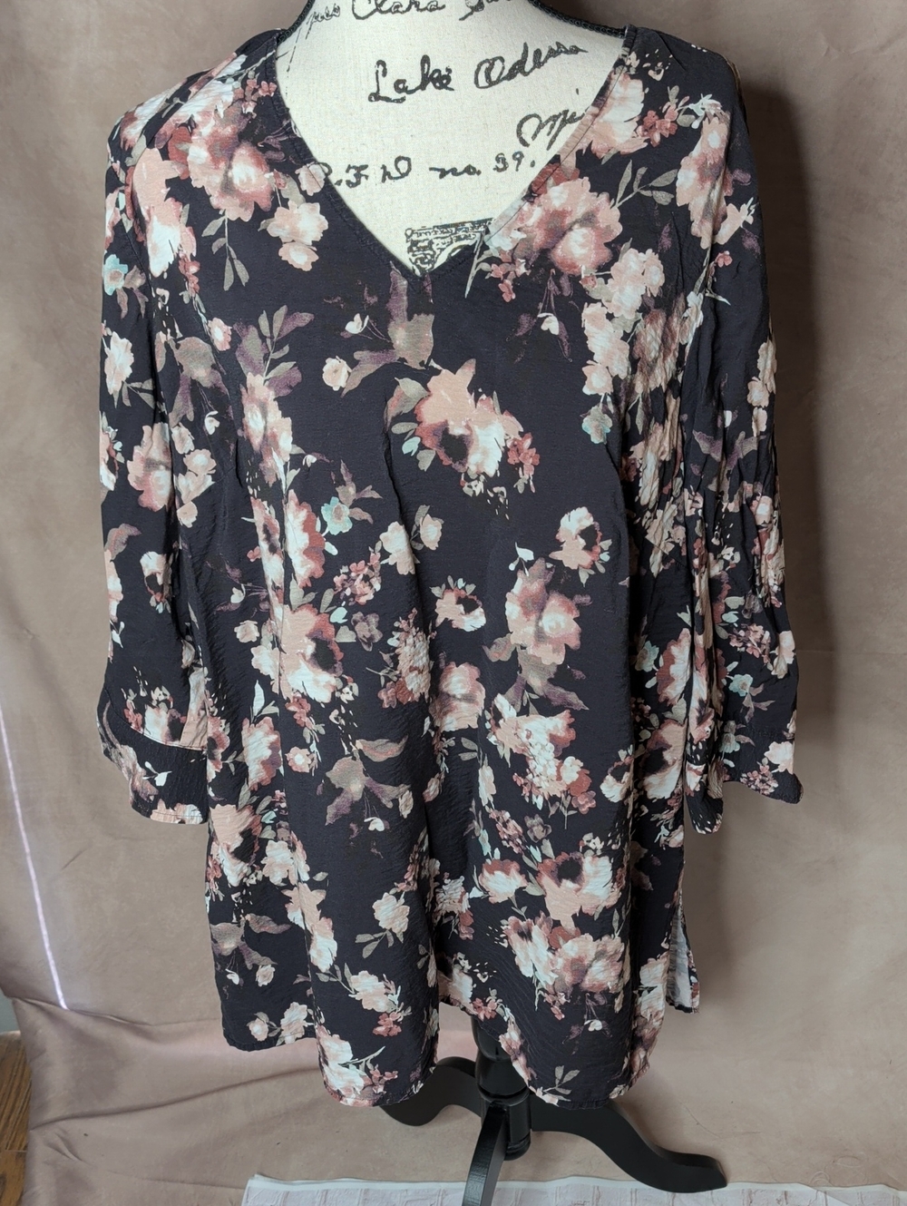 J. Jill Brown Floral V-Neck Tunic 3/4 Sleeve Blouse Size Extra Large